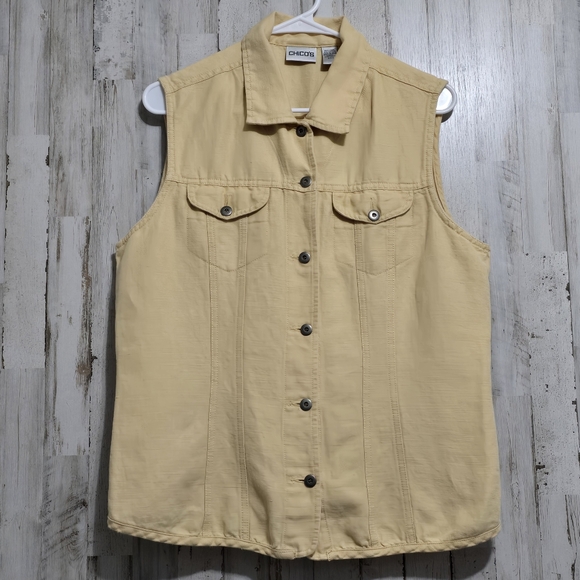 Chico's Light Tan Yellowish Sleeveless Linen Button Up Vest Size 2 US Size Large - Picture 1 of 7